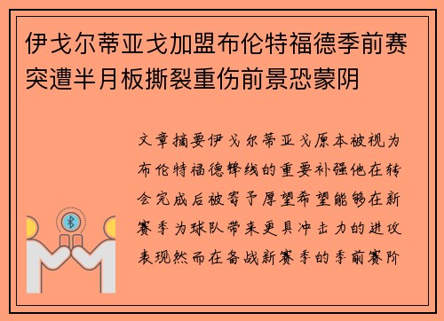 伊戈尔蒂亚戈加盟布伦特福德季前赛突遭半月板撕裂重伤前景恐蒙阴 伊戈尔蒂亚戈加盟布伦特福德季前赛突遭半月板撕裂重伤前景恐蒙阴