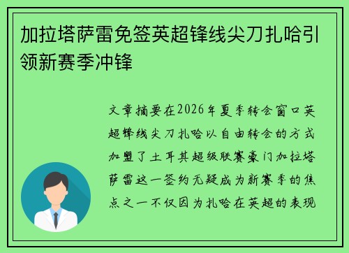 加拉塔萨雷免签英超锋线尖刀扎哈引领新赛季冲锋