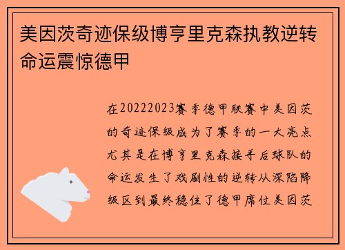 美因茨奇迹保级博亨里克森执教逆转命运震惊德甲 美因茨奇迹保级博亨里克森执教逆转命运震惊德甲